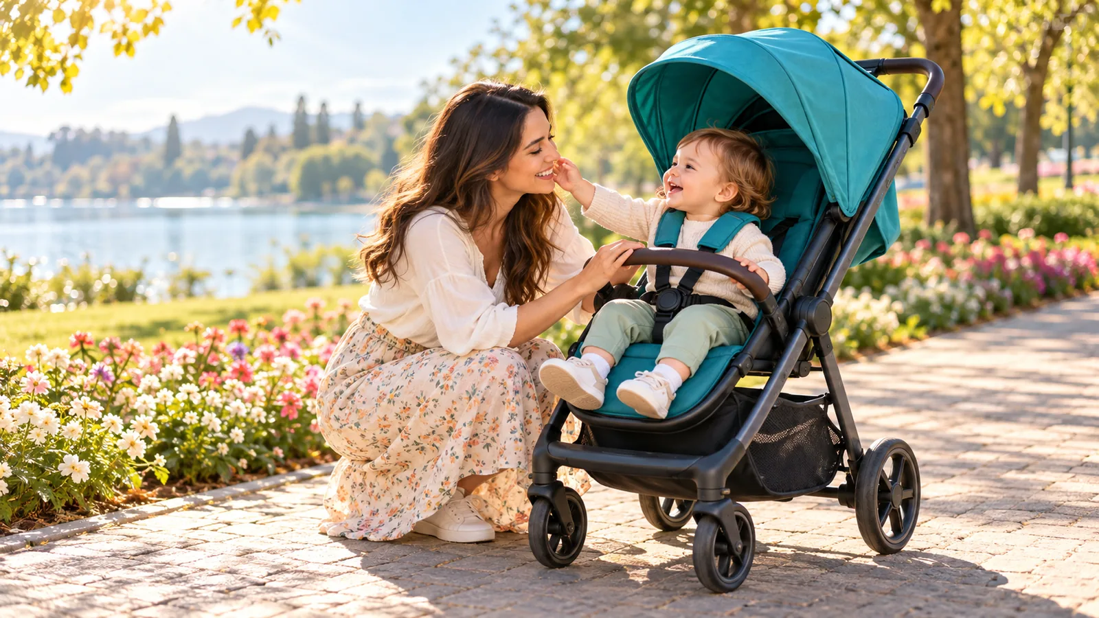 Parkta bebek arabasındaki bebeğiyle gülümseyen anne