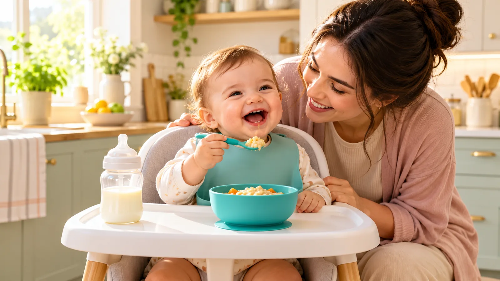 Mama sandalyesinde gülerek yemek yiyen bebek