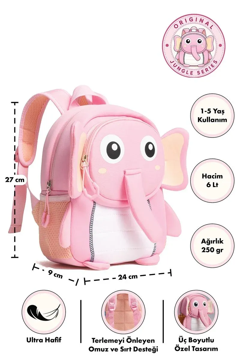 NİONİ Bungle Sevimli 3D Fil Motifli Pembe Anaokulu, Kreş ve Günlük Çocuk Sırt Çantası