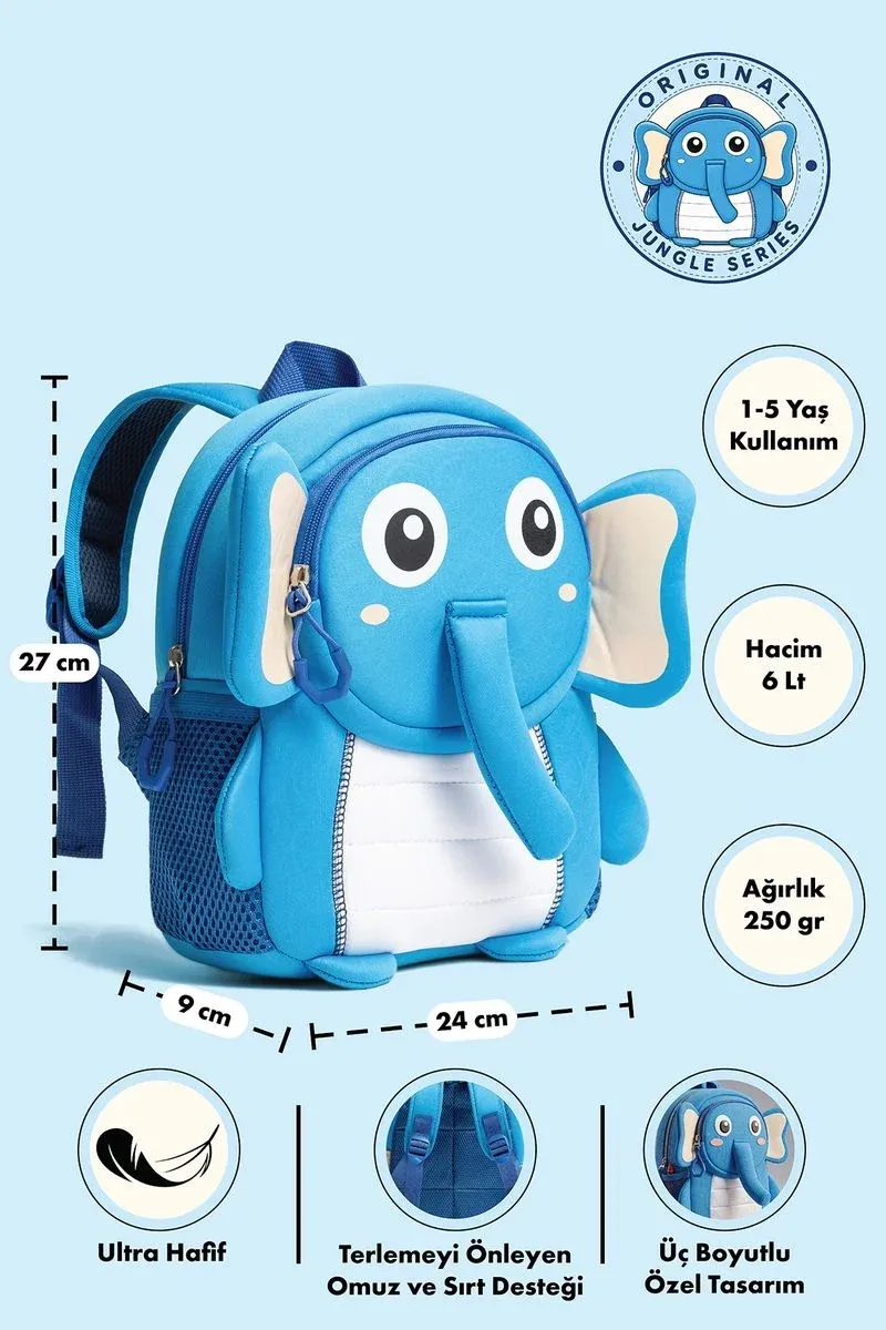 NİONİ Bungle Sevimli 3D Fil Motifli Mavi Anaokulu, Kreş ve Günlük Çocuk Sırt Çantası